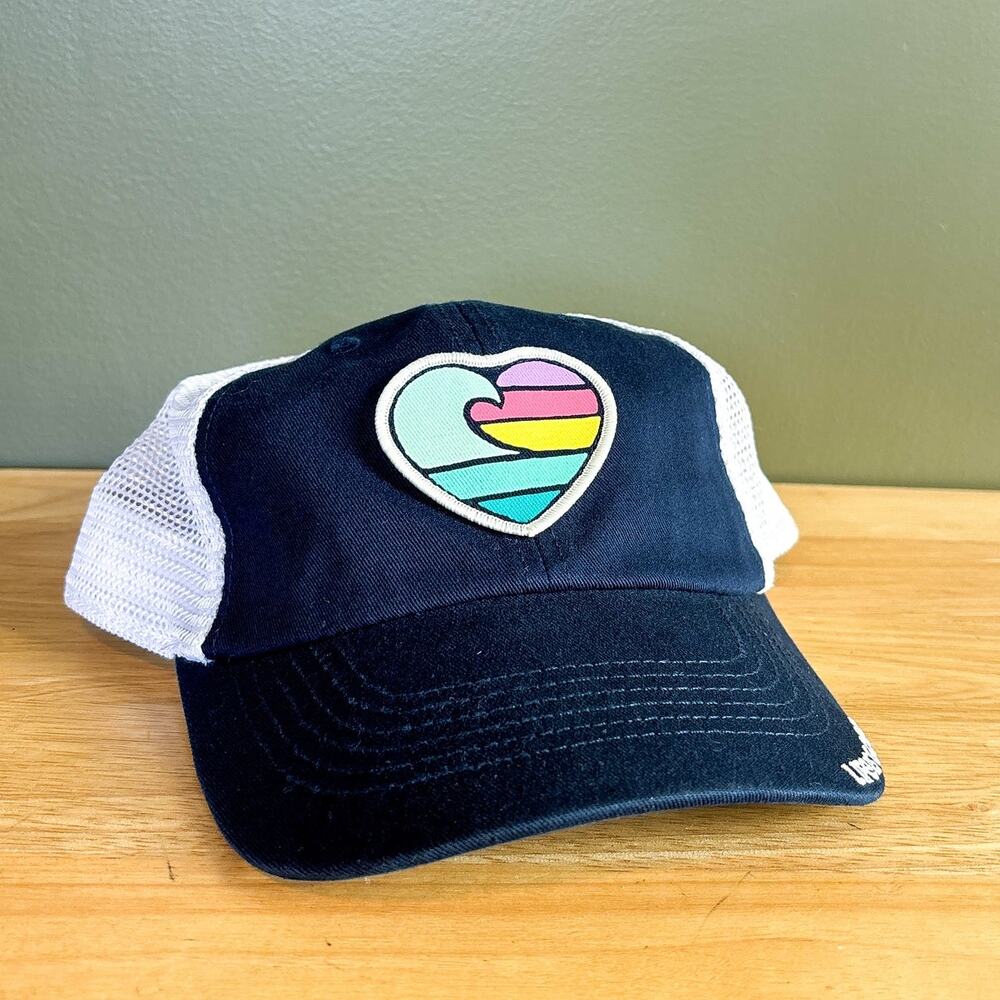 Life Is Good Rainbow Wave Heart Patch Navy Blue White Mesh Trucker Snapback Hat